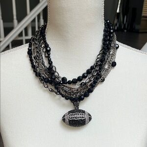 Black and Silver Multistrand Necklace with Rhinestone Football Pendant
